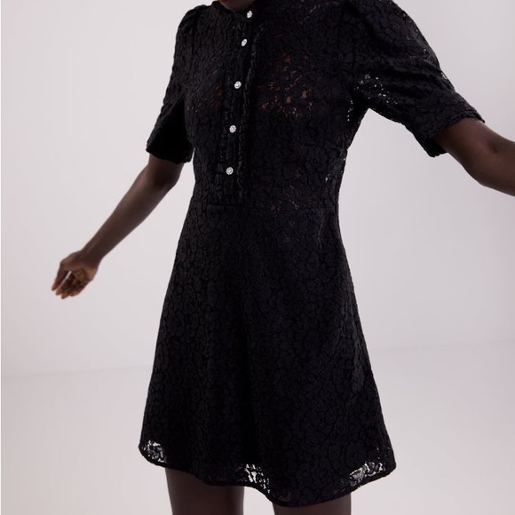 Zara Dresses Zara Black Lace Mini Dress Rhinestone Buttons Size
